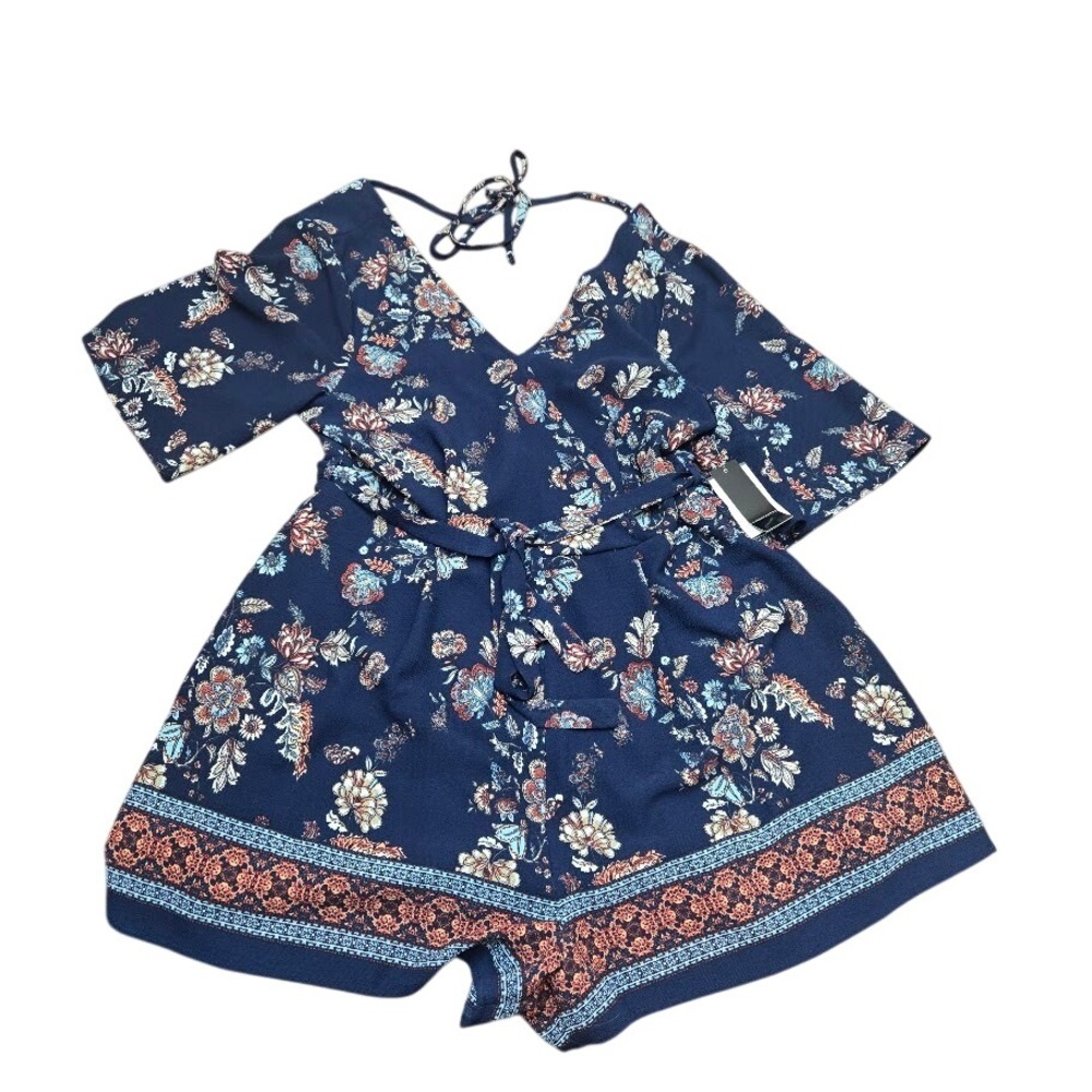 NWT Ash & Violet‎ Floral Print Shorts Romper Navy Blue Tie Back Sz XL